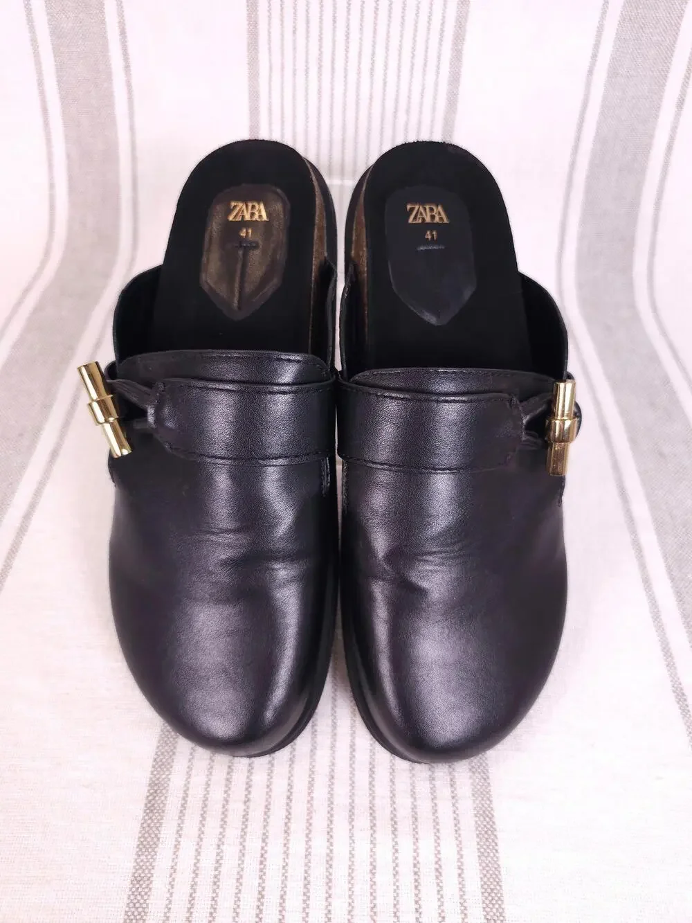 Zara Shoes Womens 10 Black Clogs Vegan Leather Mules Slide Cork Gold Toggle
